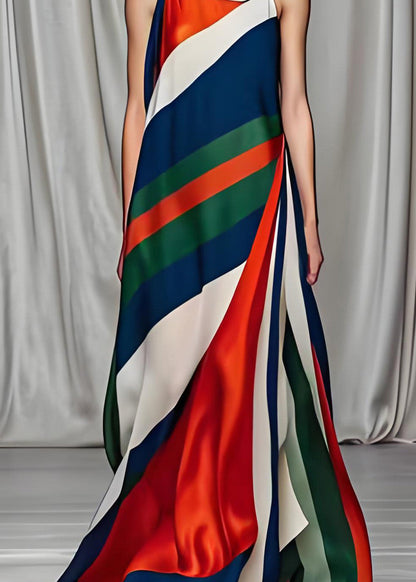 Colorblock Cold Shoulder Draping Silk Long Dresses Sleeveless