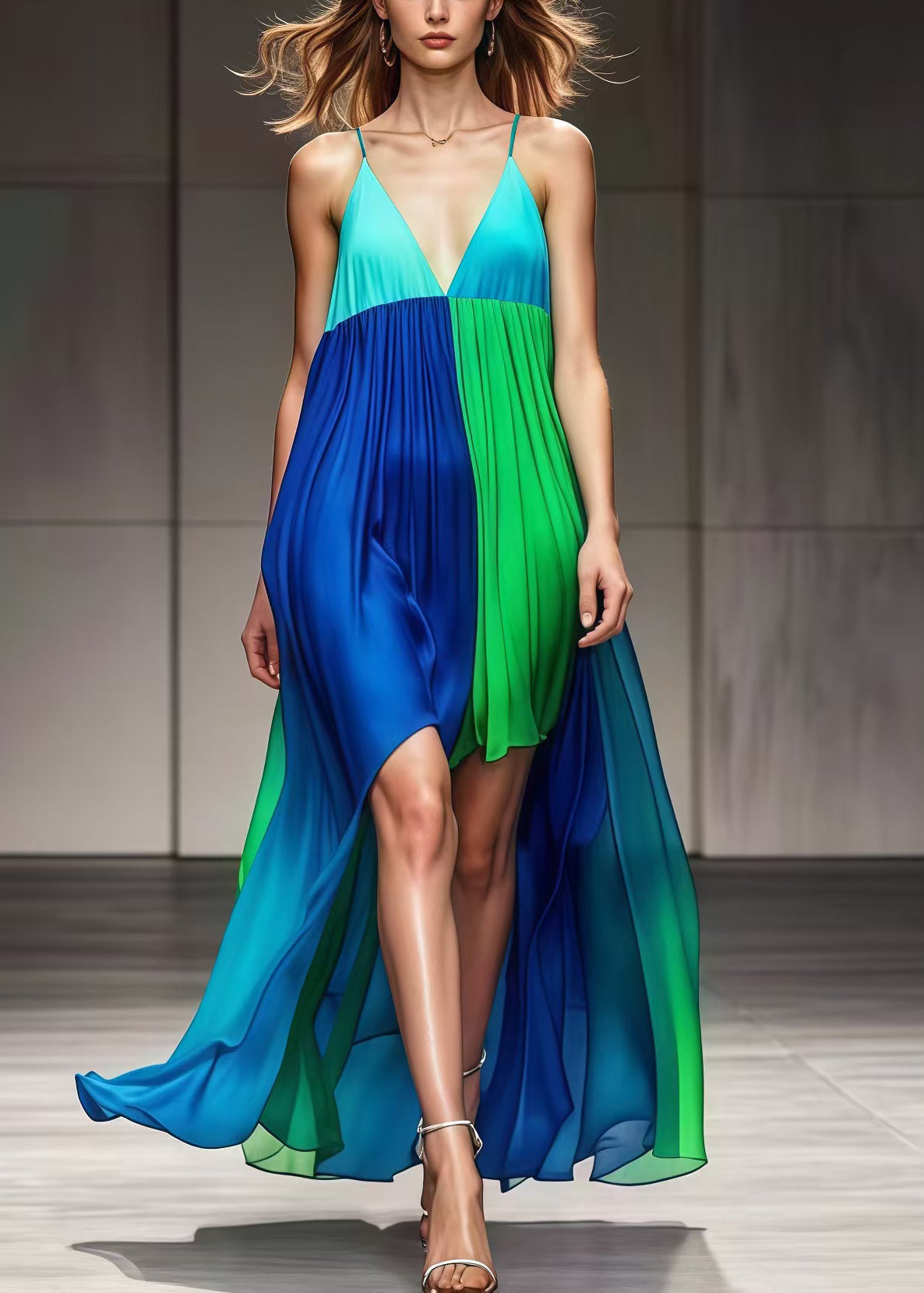 Colorblock Low High Design Patchwork Chiffon Cami Dress Summer