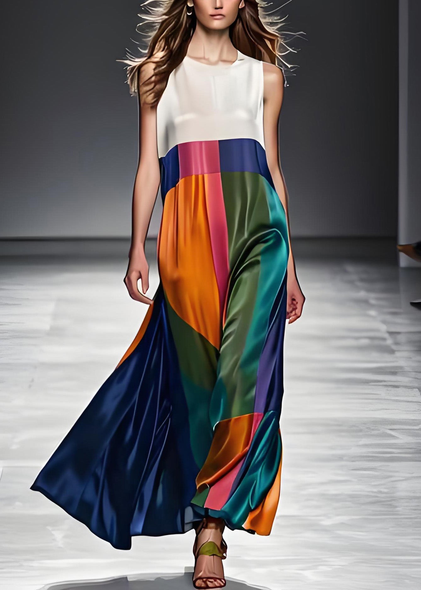 Colorblock O Neck Patchwork Silk Maxi Dresses Sleeveless