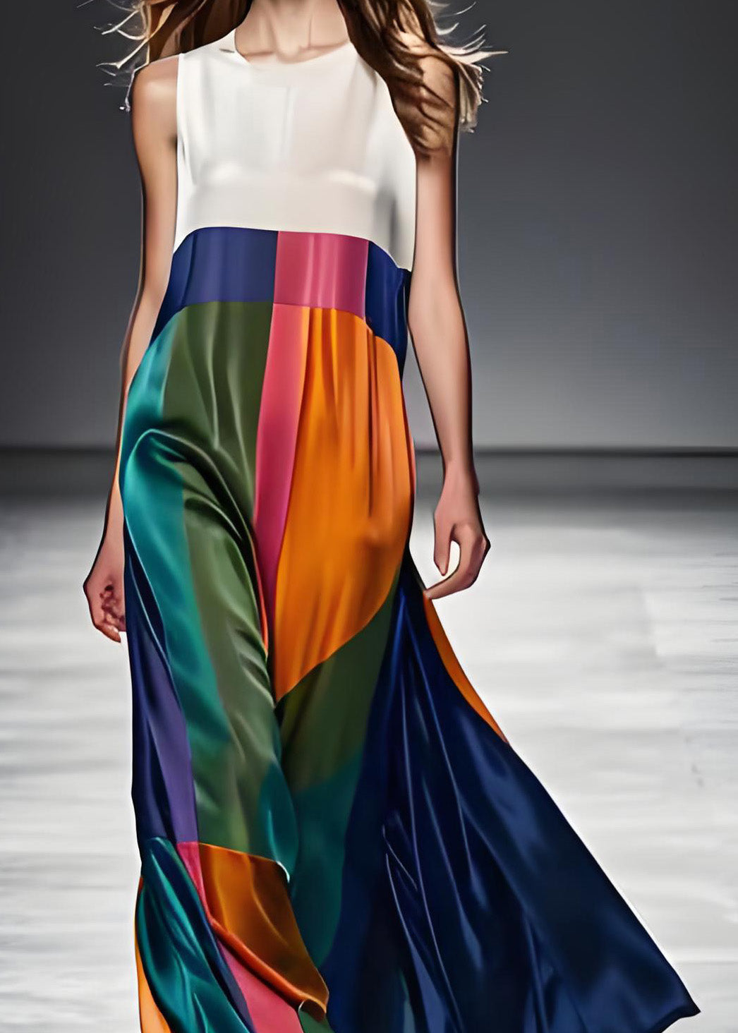 Colorblock O Neck Patchwork Silk Maxi Dresses Sleeveless