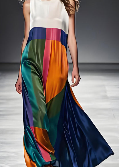 Colorblock O Neck Patchwork Silk Maxi Dresses Sleeveless