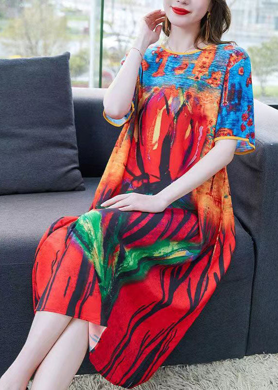 Colorblock O Neck Print Patchwork Chiffon Dresses Summer