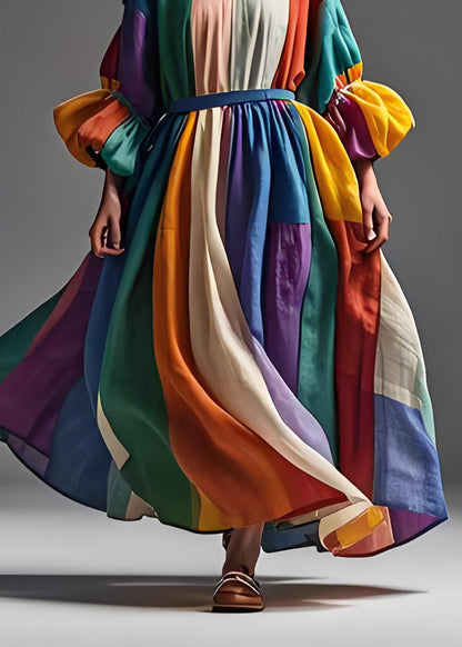 Colorblock Peter Pan Collar Patchwork Cotton Dress Lantern Sleeve