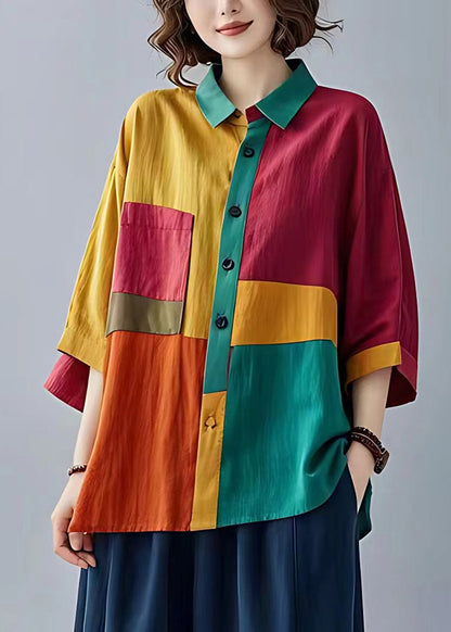 Colorblock Peter Pan Collar Patchwork Linen Tops Bracelet Sleeve