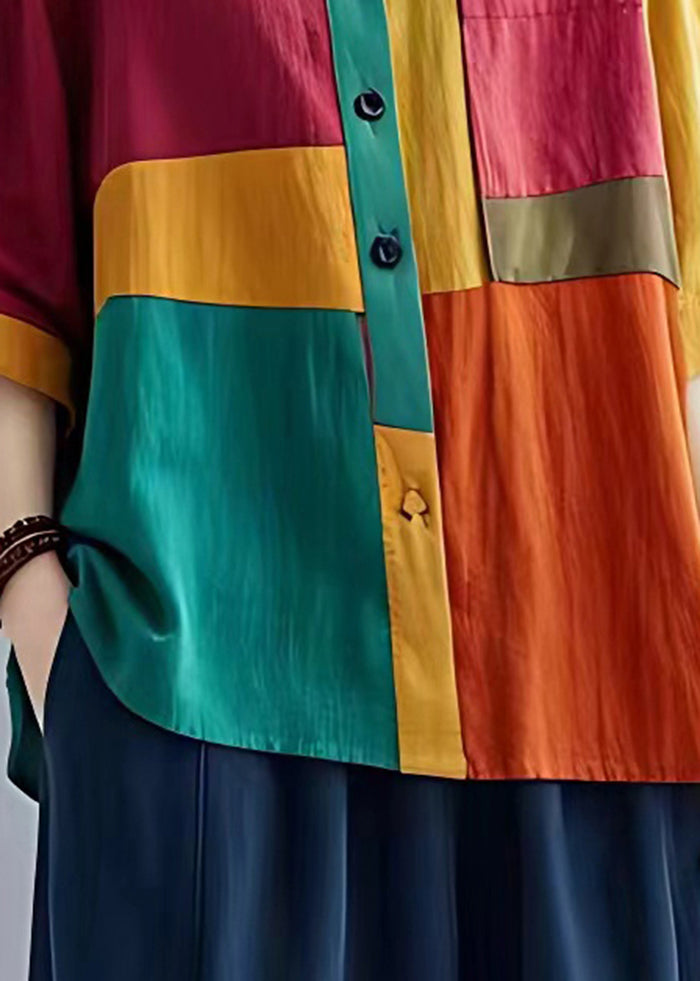 Colorblock Peter Pan Collar Patchwork Linen Tops Bracelet Sleeve