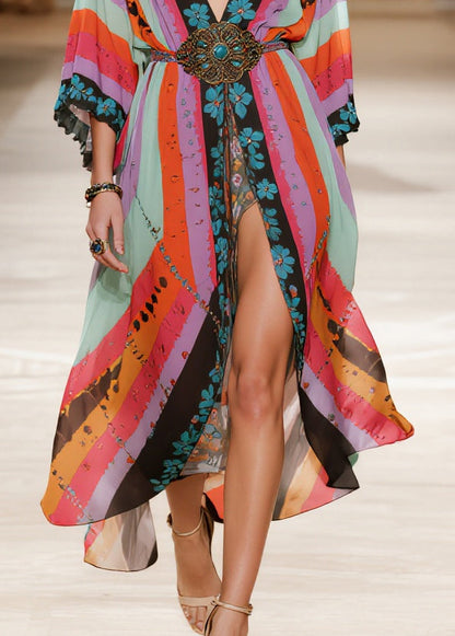 Colorblock Print Side Open Chiffon Party Dress Summer