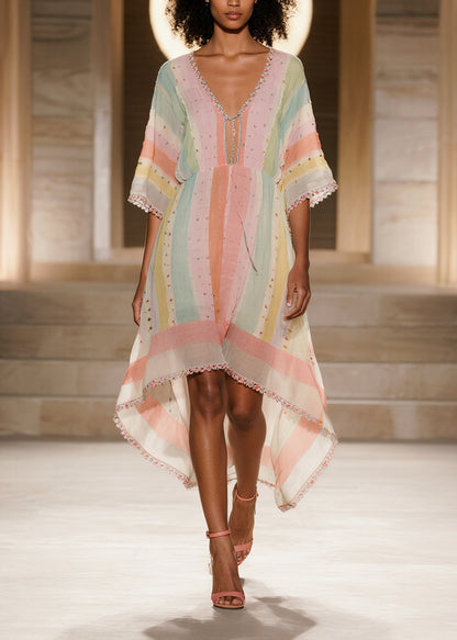 Colorblock Striped Low High Design Cotton Dress Summer