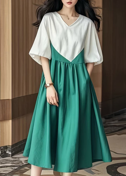 Colorblock V Neck Patchwork Cotton Robe Dresses Lantern Sleeve