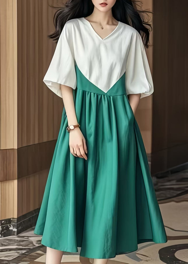 Colorblock V Neck Patchwork Cotton Robe Dresses Lantern Sleeve