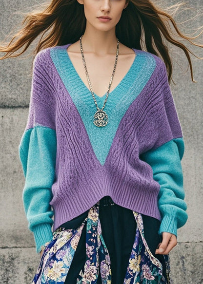 Colorblock V Neck Patchwork Knit Cozy Sweater Tops Fall