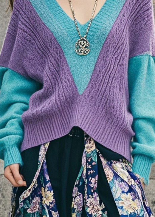 Colorblock V Neck Patchwork Knit Cozy Sweater Tops Fall