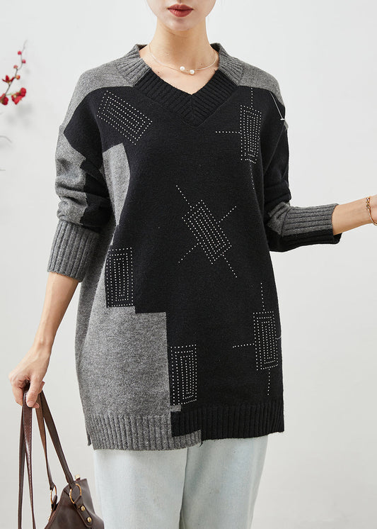 Colorblock V Neck Patchwork Thick Knitted Tops Winter