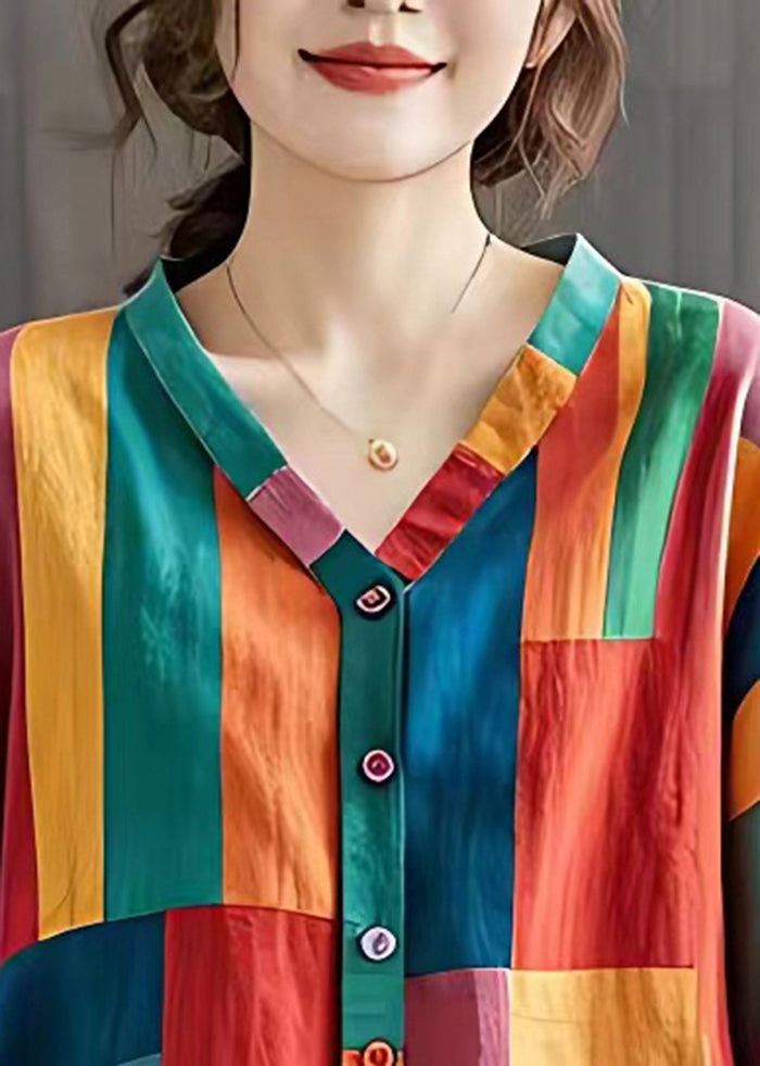 Colorblock V Neck Striped Linen Blouse Top Summer