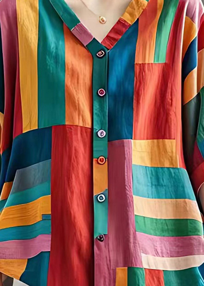 Colorblock V Neck Striped Linen Blouse Top Summer