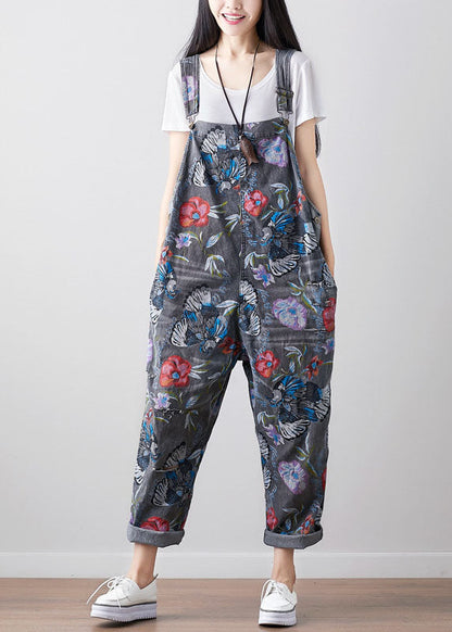 Dark Gray Print Cowboy Jumpsuit Spring