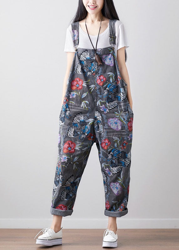 Dark Gray Print Cowboy Jumpsuit Spring