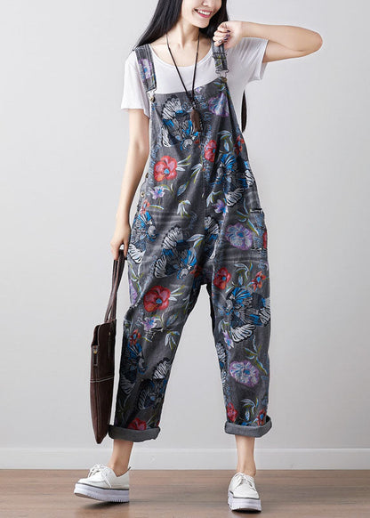 Dark Gray Print Cowboy Jumpsuit Spring