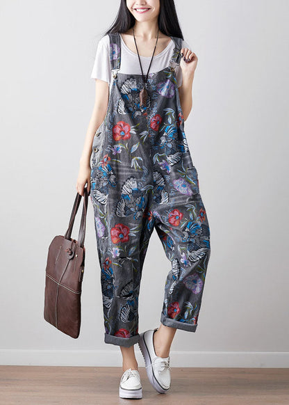 Dark Gray Print Cowboy Jumpsuit Spring