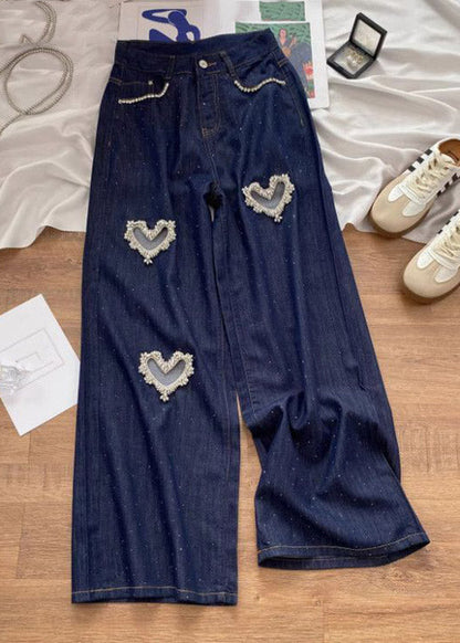 Denim Blue High Waist Patchwork Love Hole Wide Leg Jeans