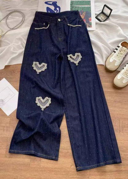 Denim Blue High Waist Patchwork Love Hole Wide Leg Jeans