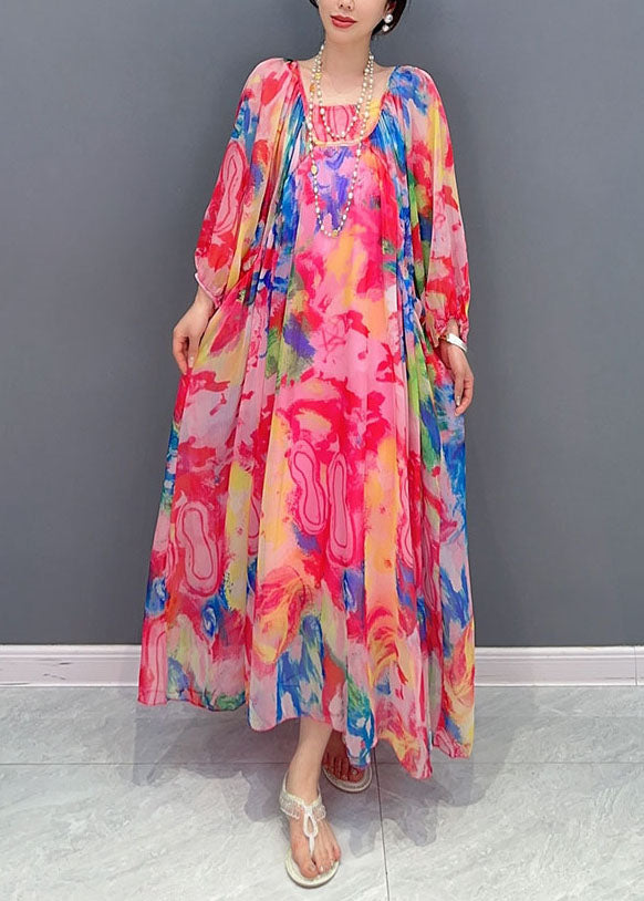 Wrinkled Lace Up Patchwork Chiffon Long Dress Summer