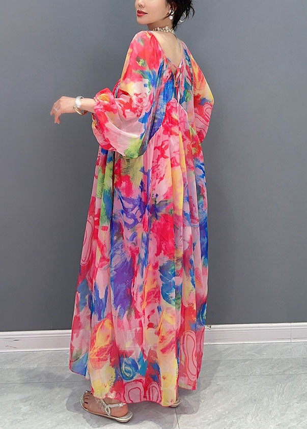 Wrinkled Lace Up Patchwork Chiffon Long Dress Summer
