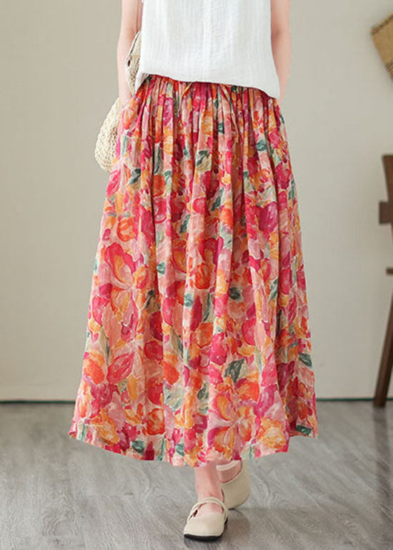 Wrinkled Pockets Elastic Waist Patchwork Linen Skirts Summer