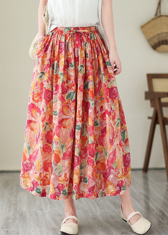 Wrinkled Pockets Elastic Waist Patchwork Linen Skirts Summer