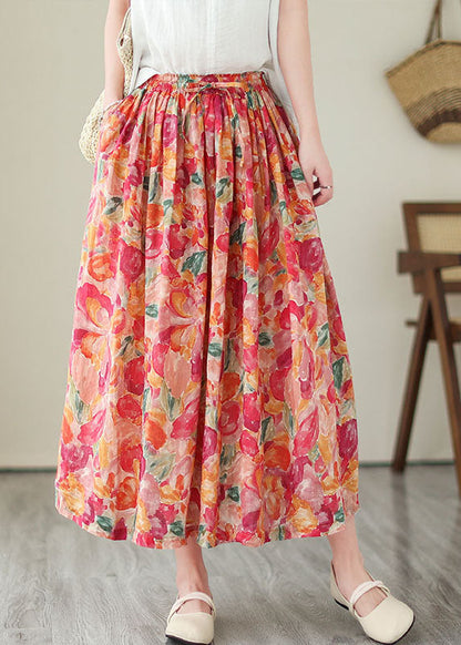 Wrinkled Pockets Elastic Waist Patchwork Linen Skirts Summer