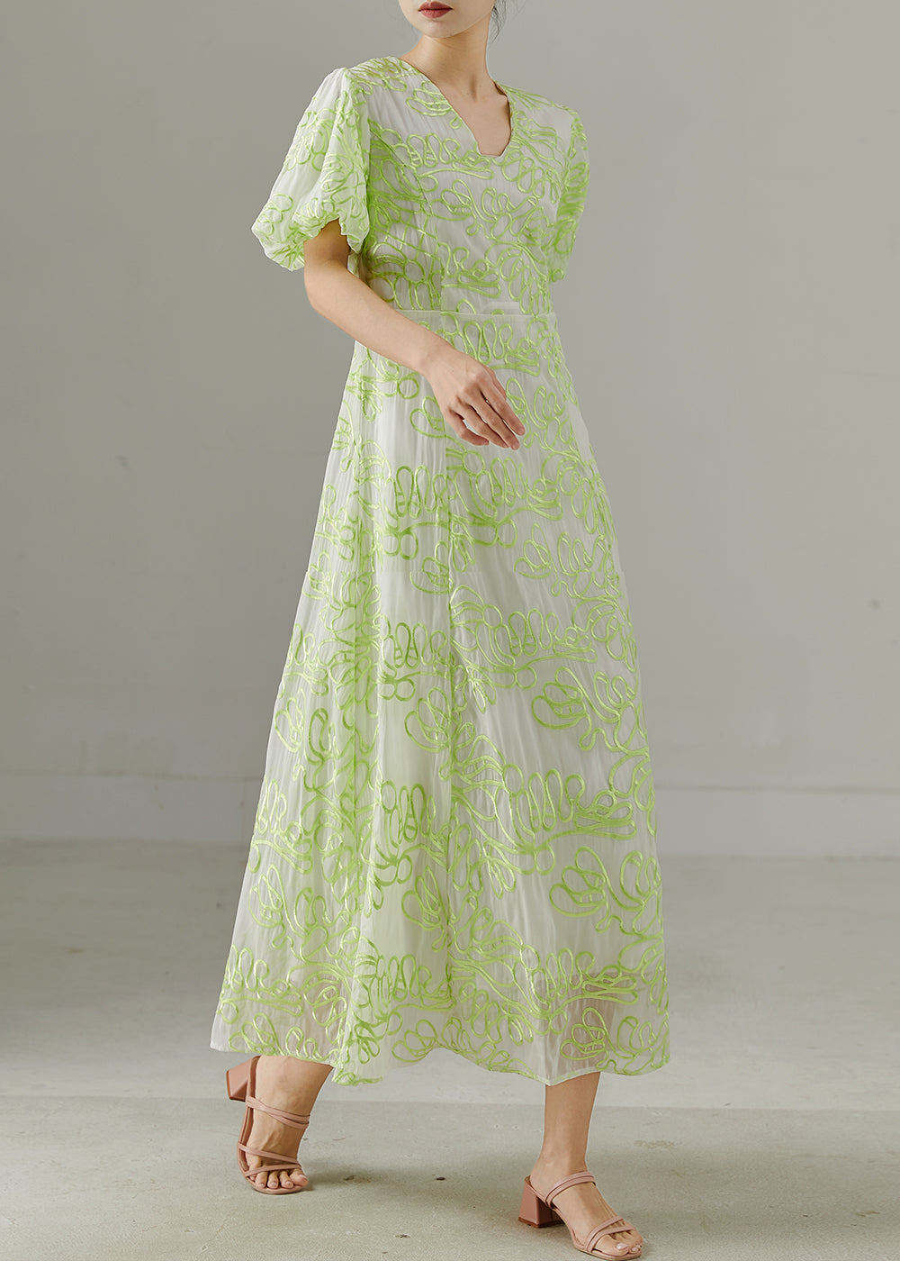 Fluorescent Green Embroidered Silk Holiday Dresses Summer