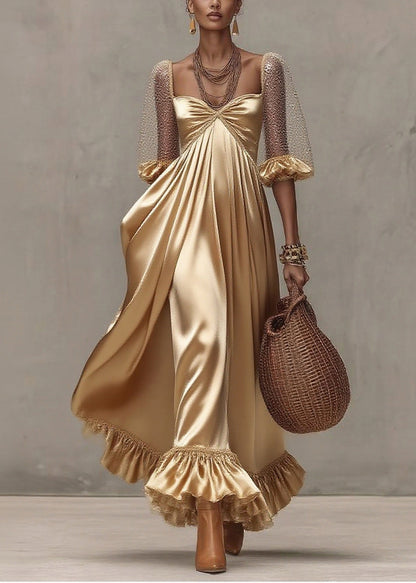 Golden Exra Large Hem Patchwork Tulle Maxi Dresses Summer