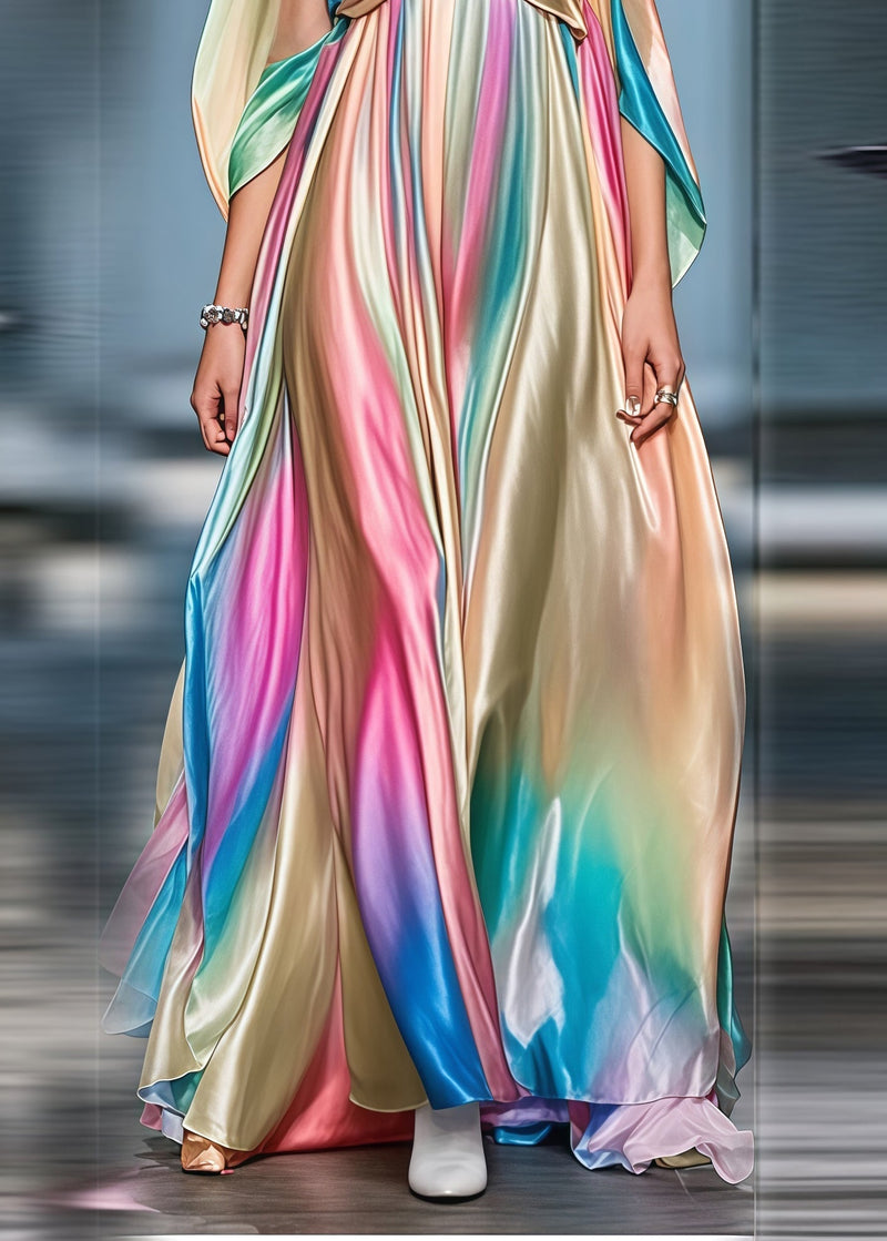 Gradient Color Cold Shoulder Exra Large Hem Silk Party Dress Summer