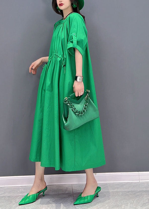 Green O-neck Drawstring Wrinkled Cotton Holiday Dress Summer