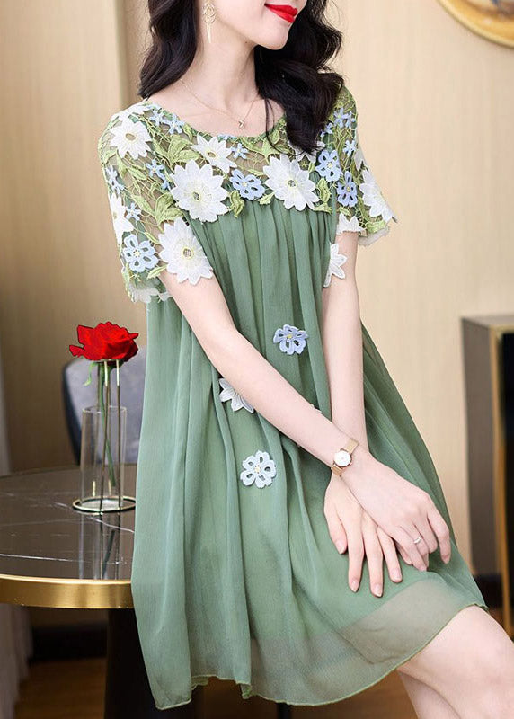 Green O-neck Embroideried Patchwork Tulle Mid Dresses Short Sleeve