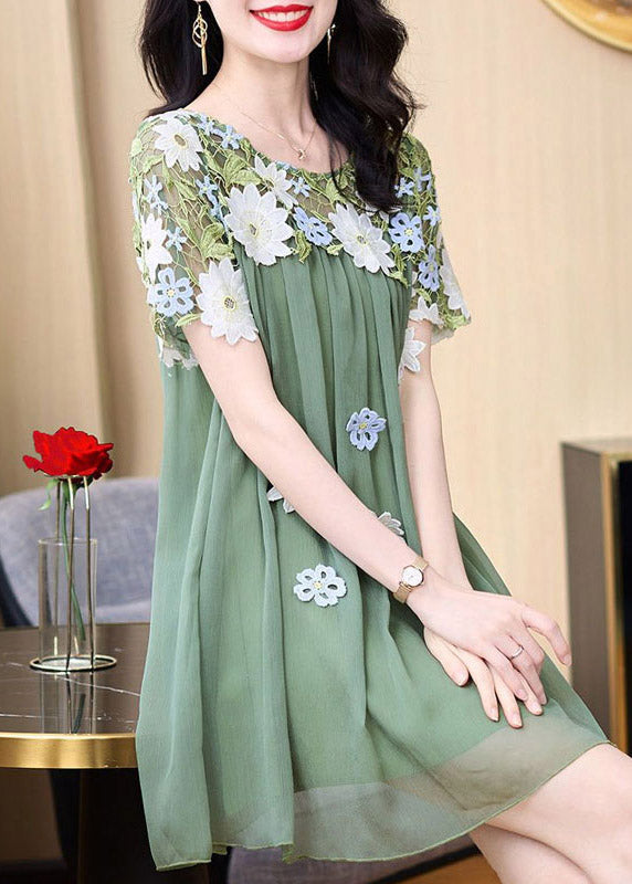 Green O-neck Embroideried Patchwork Tulle Mid Dresses Short Sleeve