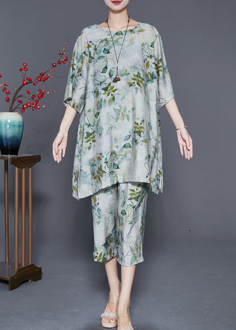 Green O-neck Leaf Print Linen Two Pieces Set Summer