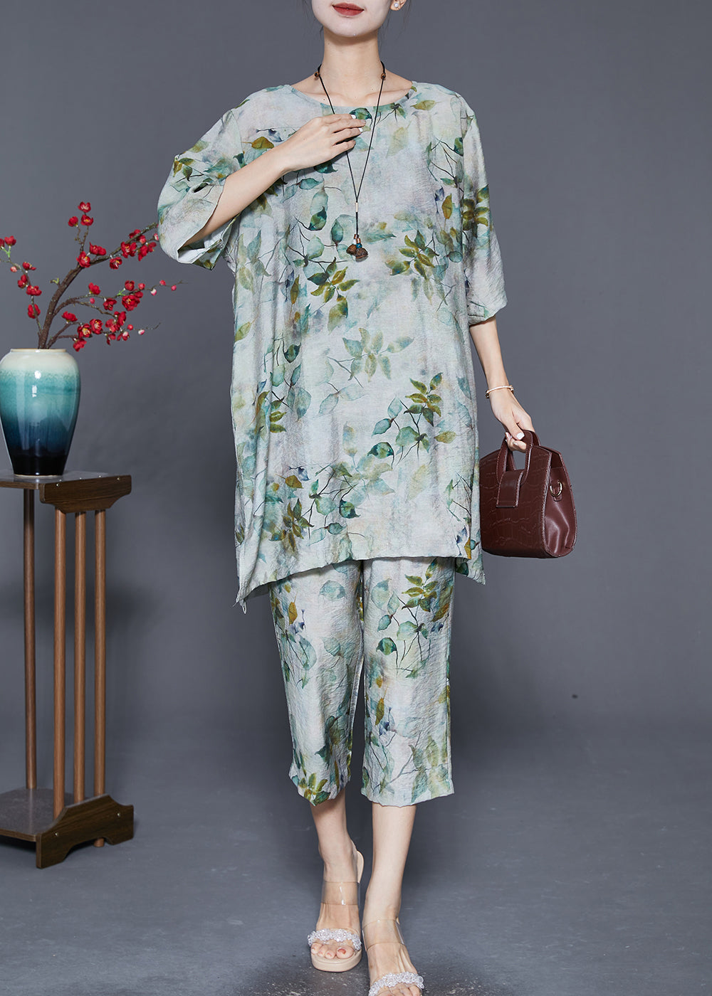 Green O-neck Leaf Print Linen Two Pieces Set Summer