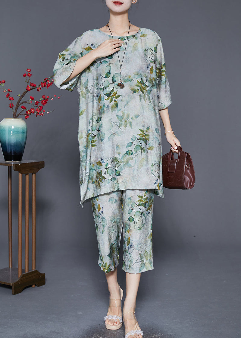 Green O-neck Leaf Print Linen Two Pieces Set Summer