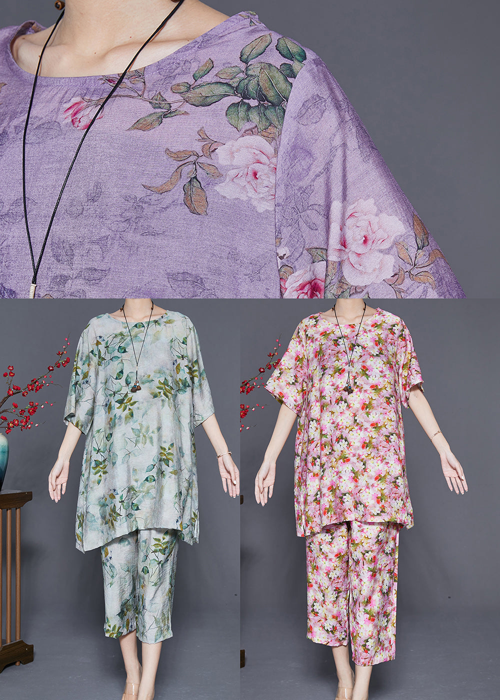 Green O-neck Leaf Print Linen Two Pieces Set Summer