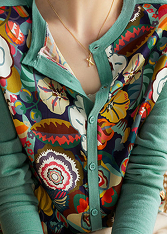 Green O-neck Print Chiffon Patchwork Button Knit Top Long Sleeve
