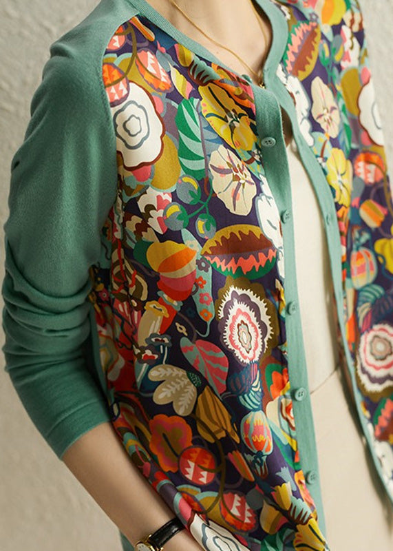 Green O-neck Print Chiffon Patchwork Button Knit Top Long Sleeve