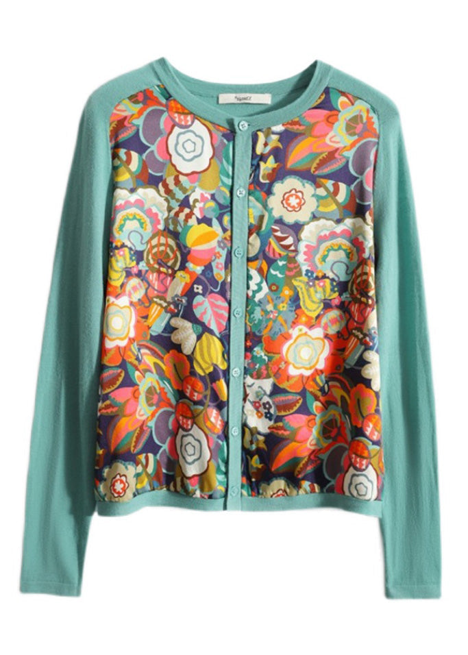 Green O-neck Print Chiffon Patchwork Button Knit Top Long Sleeve