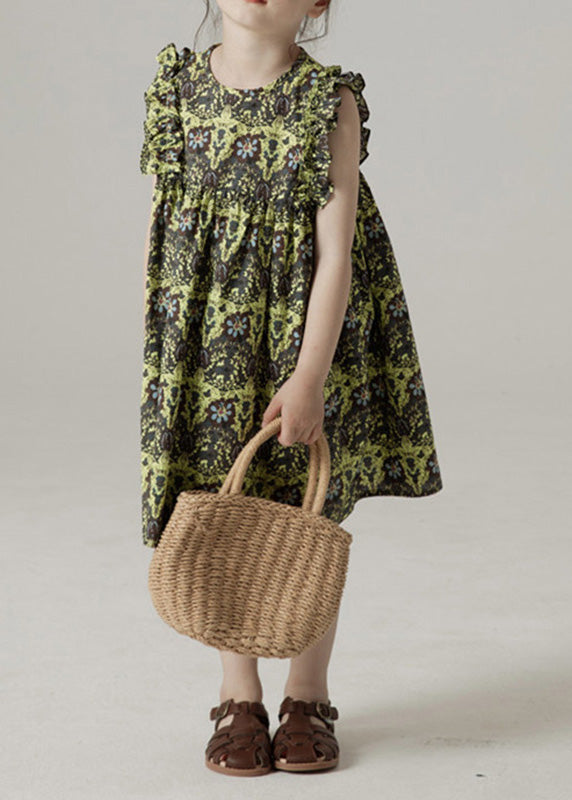 Green O-neck Print Ruffled Wrinkled Cotton Mid Dress Sleeveless