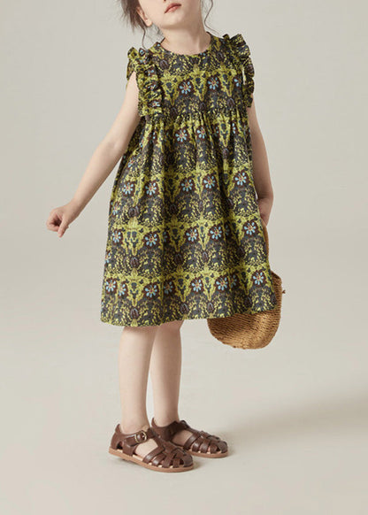 Green O-neck Print Ruffled Wrinkled Cotton Mid Dress Sleeveless