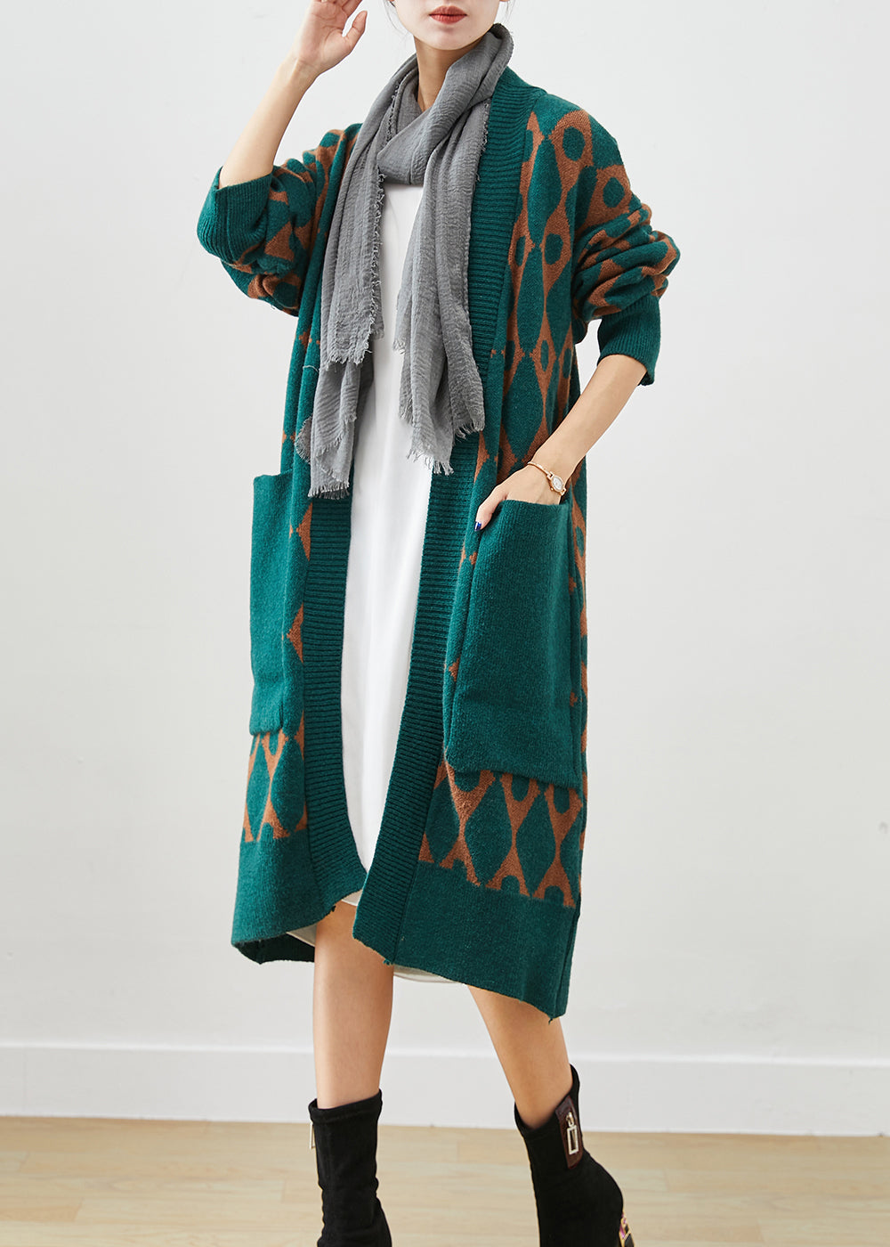 Green Oversized Patchwork Pockets Knit Cardigan Fall