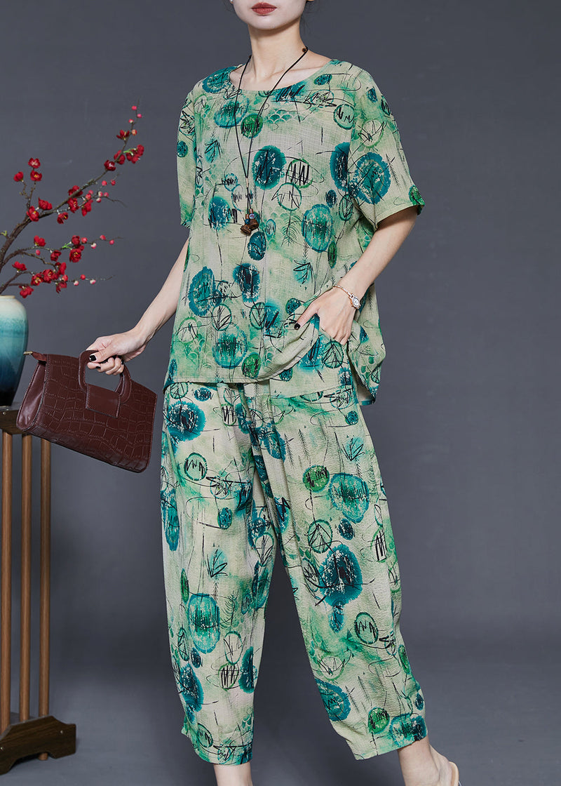 Green Oversized Print Cotton Two Pieces Set Summer