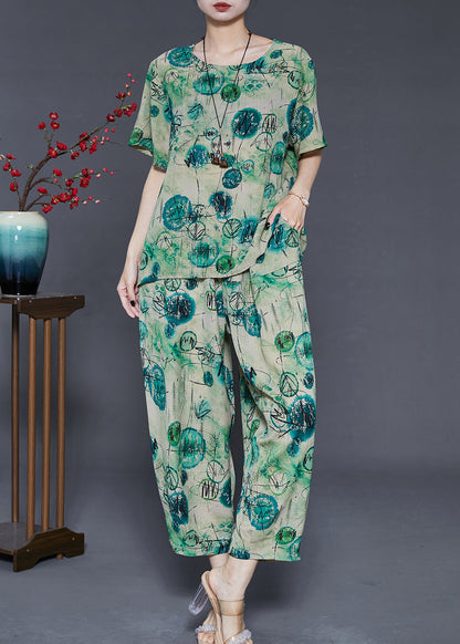 Green Oversized Print Cotton Two Pieces Set Summer