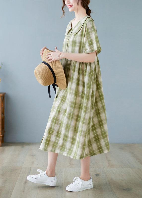 Green Plaid Peter Pan Collar Button Summer Party Dress Half Sleeve