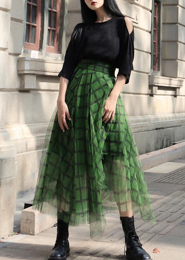 Green Plaid Tulle Asymmetrical Design Skirt Summer