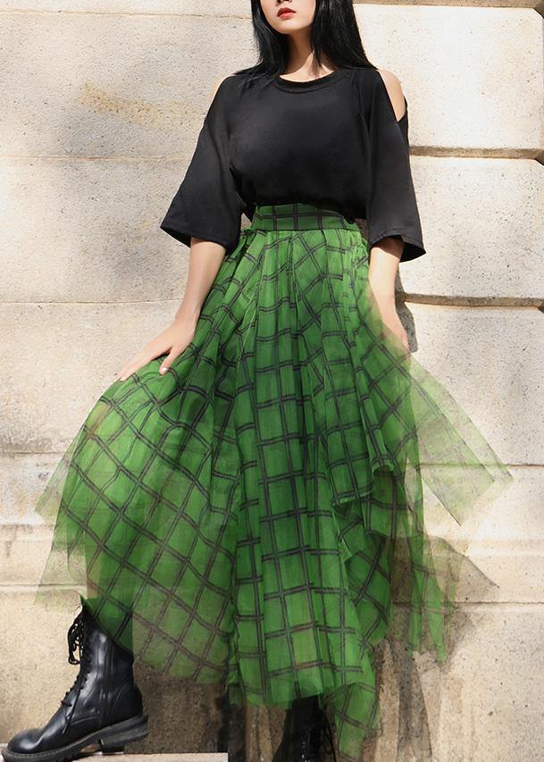 Green Plaid Tulle Asymmetrical Design Skirt Summer